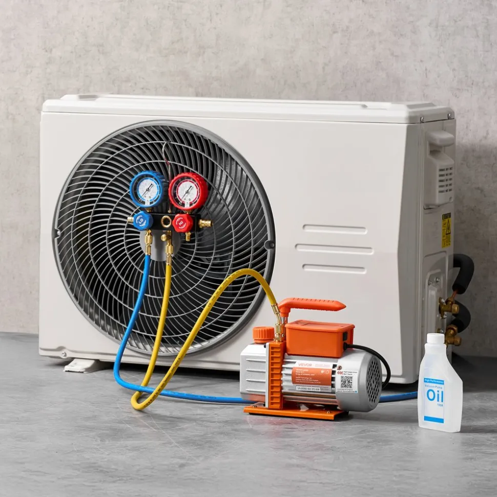 VEVOR AC Vacuum Pump and Gauge Set, 3.5 CFM 1/4 HP, Single Stage Rotary Vane HVAC Vacuum Pump, A/C Manifold Gauge Kit, for R134a R22 R410a R1234YF R32, with Carry Bag, for Auto HVAC Air Conditioning