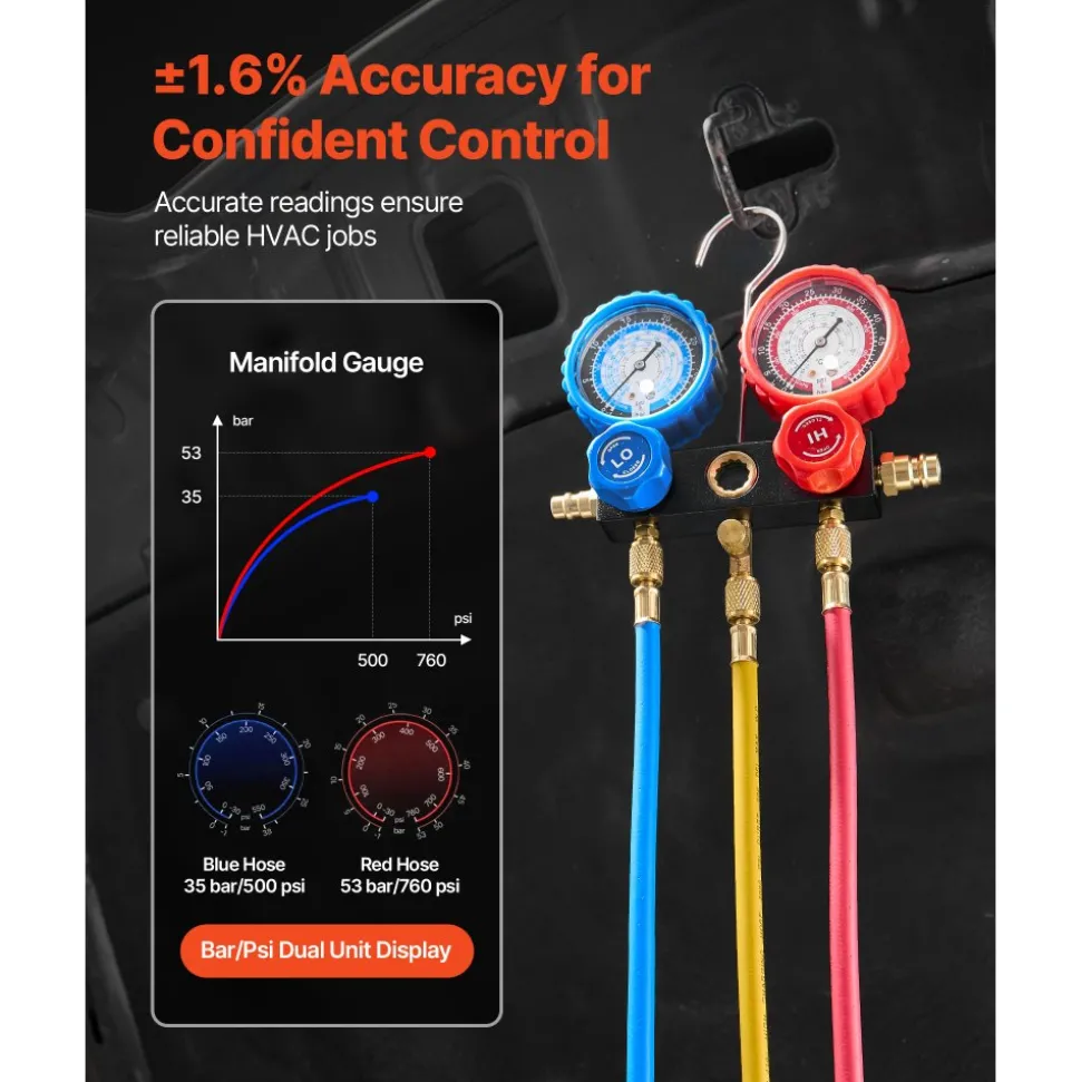 VEVOR AC Vacuum Pump and Gauge Set, 3.5 CFM 1/4 HP, Single Stage Rotary Vane HVAC Vacuum Pump, A/C Manifold Gauge Kit, for R134a R22 R410a R1234YF R32, with Carry Bag, for Auto HVAC Air Conditioning