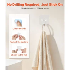 VEVOR Adhesive Hooks, 12 Pack Self-Adhesive Towel Coat Hooks, Heavy-Duty Wall Hook Hold 15 lbs (Max), Stainless Steel Sticky Hanger, for Bathroom, Kitchen, Hanging Towel, Coat & Keys (Transparent)