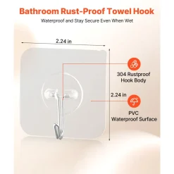 VEVOR Adhesive Hooks, 12 Pack Self-Adhesive Towel Coat Hooks, Heavy-Duty Wall Hook Hold 15 lbs (Max), Stainless Steel Sticky Hanger, for Bathroom, Kitchen, Hanging Towel, Coat & Keys (Transparent)