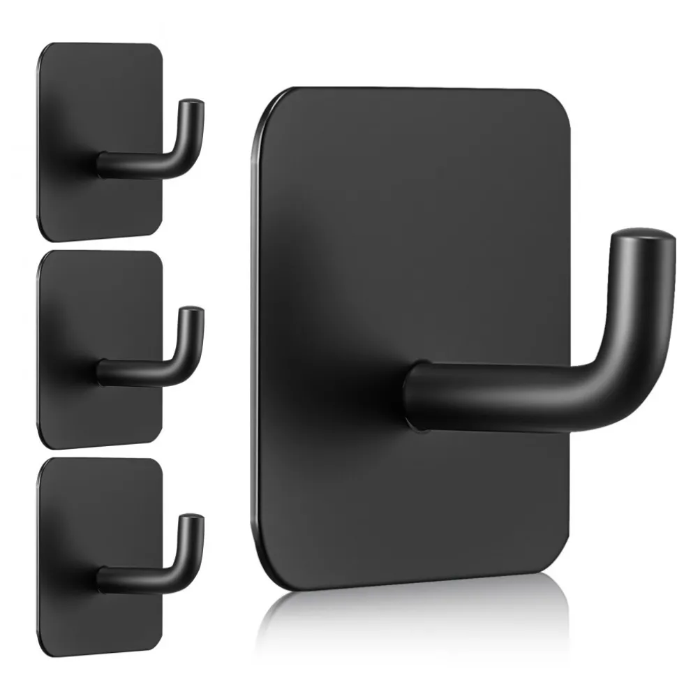 VEVOR Adhesive Hooks, 4 Pack Self-Adhesive Towel Coat Hooks, Heavy-Duty Wall Hook Hold 15 lbs (Max), Stainless Steel Sticky Hanger, for Bathroom, Kitchen, Hanging Towel, Coat & Keys (Matte Black)