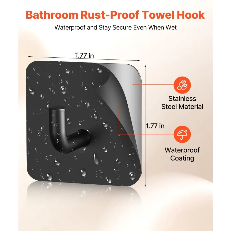 VEVOR Adhesive Hooks, 4 Pack Self-Adhesive Towel Coat Hooks, Heavy-Duty Wall Hook Hold 15 lbs (Max), Stainless Steel Sticky Hanger, for Bathroom, Kitchen, Hanging Towel, Coat & Keys (Matte Black)