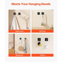 VEVOR Adhesive Hooks, 4 Pack Self-Adhesive Towel Coat Hooks, Heavy-Duty Wall Hook Hold 15 lbs (Max), Stainless Steel Sticky Hanger, for Bathroom, Kitchen, Hanging Towel, Coat & Keys (Matte Black)