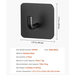 VEVOR Adhesive Hooks, 4 Pack Self-Adhesive Towel Coat Hooks, Heavy-Duty Wall Hook Hold 15 lbs (Max), Stainless Steel Sticky Hanger, for Bathroom, Kitchen, Hanging Towel, Coat & Keys (Matte Black)