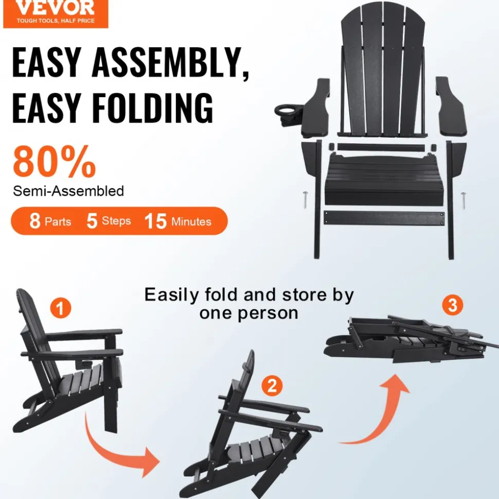 VEVOR Adirondack Chair Plastic, Set of 2 All-Weather Portable Folding Fire Pit Chair, Outdoor Adirondack Patio Chair with Cup Holder, with Relaxing Arm Rest Ergonomic, for Garden, Backyard - Black