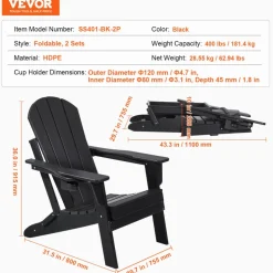VEVOR Adirondack Chair Plastic, Set of 2 All-Weather Portable Folding Fire Pit Chair, Outdoor Adirondack Patio Chair with Cup Holder, with Relaxing Arm Rest Ergonomic, for Garden, Backyard - Black