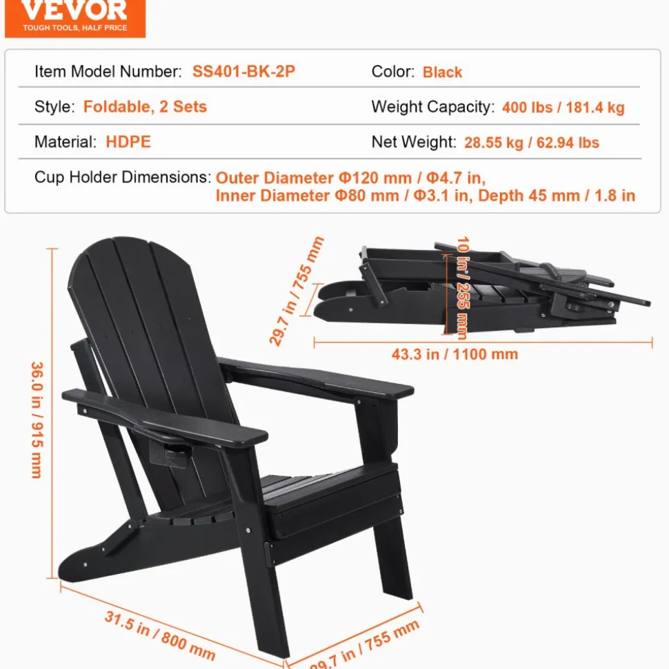 VEVOR Adirondack Chair Plastic, Set of 2 All-Weather Portable Folding Fire Pit Chair, Outdoor Adirondack Patio Chair with Cup Holder, with Relaxing Arm Rest Ergonomic, for Garden, Backyard - Black
