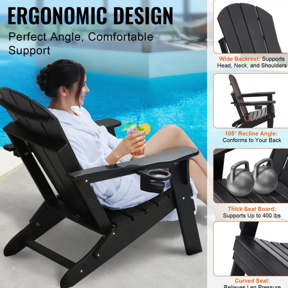 VEVOR Adirondack Chair Plastic, Set of 2 All-Weather Portable Folding Fire Pit Chair, Outdoor Adirondack Patio Chair with Cup Holder, with Relaxing Arm Rest Ergonomic, for Garden, Backyard - Black