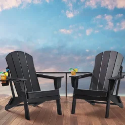 VEVOR Adirondack Chair Plastic, Set of 2 All-Weather Portable Folding Fire Pit Chair, Outdoor Adirondack Patio Chair with Cup Holder, with Relaxing Arm Rest Ergonomic, for Garden, Backyard - Black