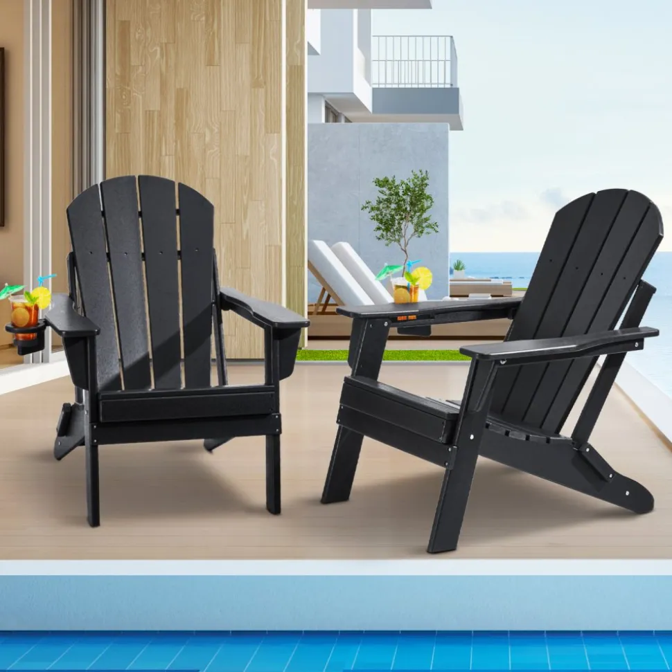 VEVOR Adirondack Chair Plastic, Set of 2 All-Weather Portable Folding Fire Pit Chair, Outdoor Adirondack Patio Chair with Cup Holder, with Relaxing Arm Rest Ergonomic, for Garden, Backyard - Black