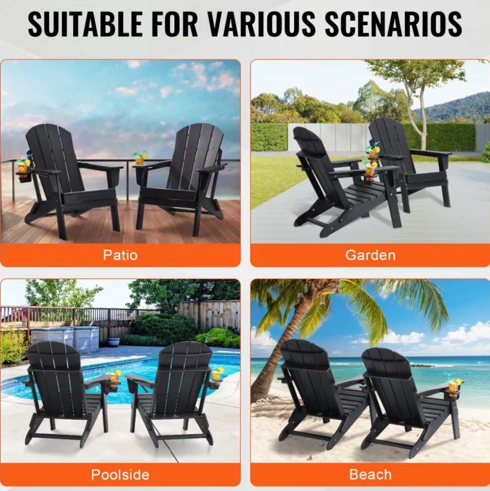 VEVOR Adirondack Chair Plastic, Set of 2 All-Weather Portable Folding Fire Pit Chair, Outdoor Adirondack Patio Chair with Cup Holder, with Relaxing Arm Rest Ergonomic, for Garden, Backyard - Black