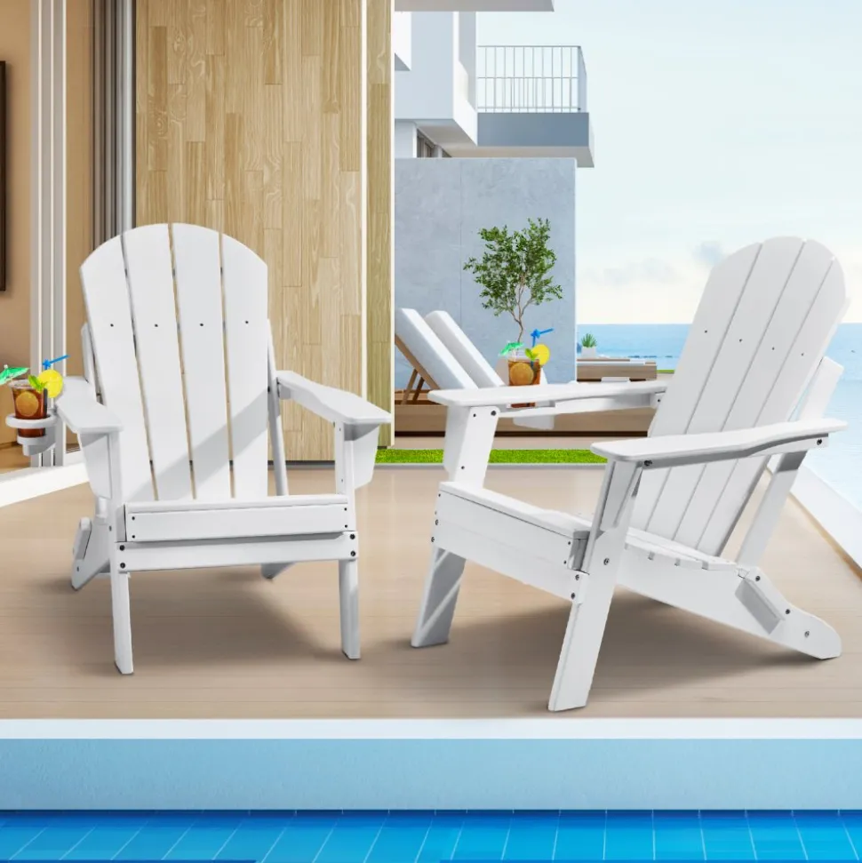 VEVOR Adirondack Chair Plastic, Set of 2 All-Weather Portable Folding Fire Pit Chair, Outdoor Adirondack Patio Chair with Cup Holder, with Relaxing Arm Rest Ergonomic, for Garden, Backyard - White