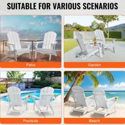 VEVOR Adirondack Chair Plastic, Set of 2 All-Weather Portable Folding Fire Pit Chair, Outdoor Adirondack Patio Chair with Cup Holder, with Relaxing Arm Rest Ergonomic, for Garden, Backyard - White