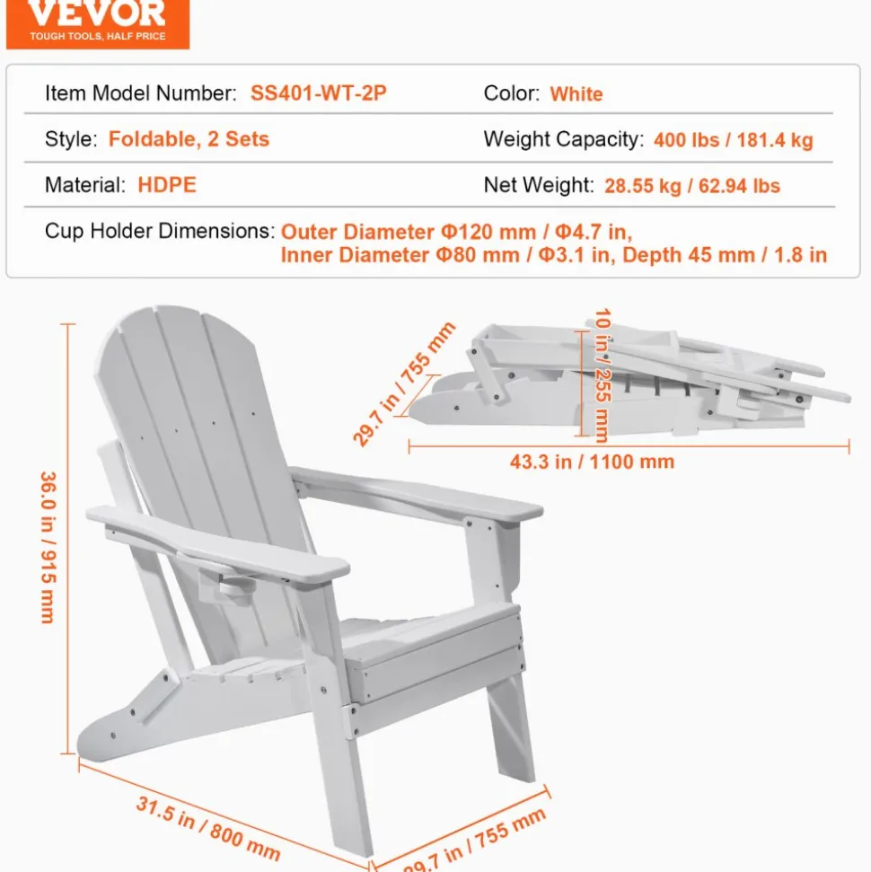 VEVOR Adirondack Chair Plastic, Set of 2 All-Weather Portable Folding Fire Pit Chair, Outdoor Adirondack Patio Chair with Cup Holder, with Relaxing Arm Rest Ergonomic, for Garden, Backyard - White