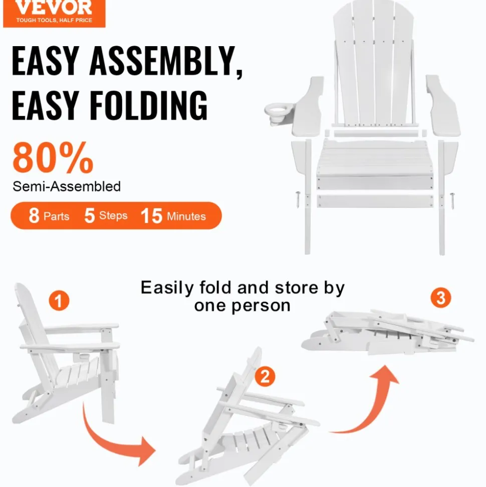 VEVOR Adirondack Chair Plastic, Set of 2 All-Weather Portable Folding Fire Pit Chair, Outdoor Adirondack Patio Chair with Cup Holder, with Relaxing Arm Rest Ergonomic, for Garden, Backyard - White