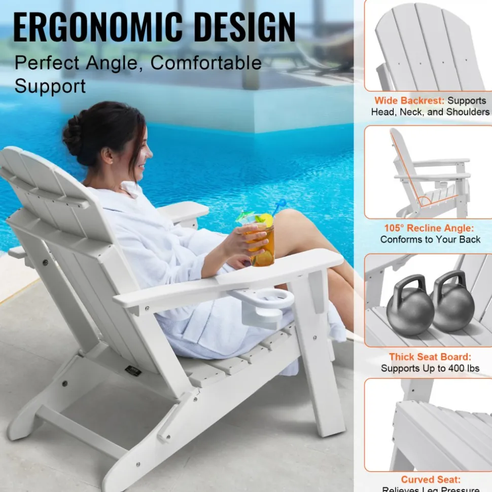 VEVOR Adirondack Chair Plastic, Set of 2 All-Weather Portable Folding Fire Pit Chair, Outdoor Adirondack Patio Chair with Cup Holder, with Relaxing Arm Rest Ergonomic, for Garden, Backyard - White