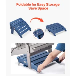 VEVOR Adirondack Ottoman, 15.7L x 18.9W x 13H Inch HDPE Plastic Folding Adirondack Ottoman, Weather-Resistant Foot Rest for Adirondack Chair, Widely Used for Outside Porch Pool Lawn Backyard, Blue