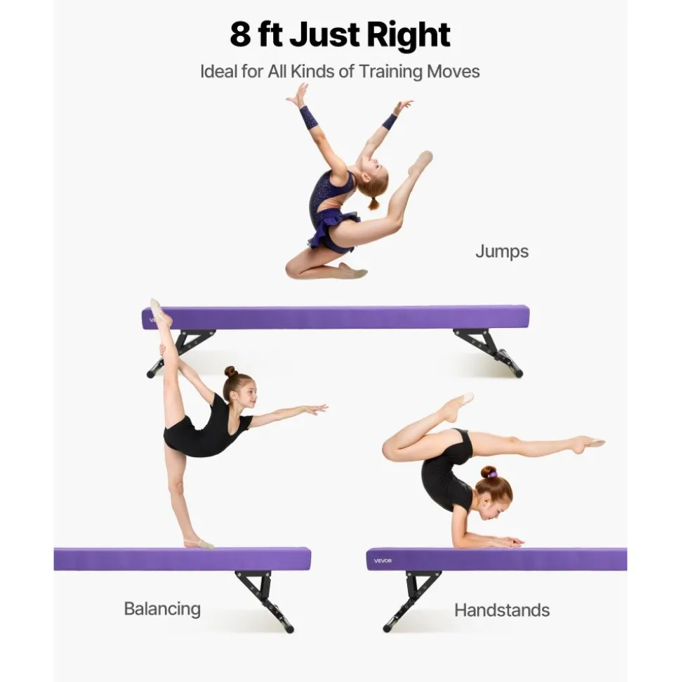 VEVOR Adjustable Balane Beam for Kids, 8FT Gymnastics Beam, High and Low Floor Beams of 5 Adjustable Heights for All Gymnastic Levels, Professional Gymnastic Equipment for Home and Gym Center, Purple