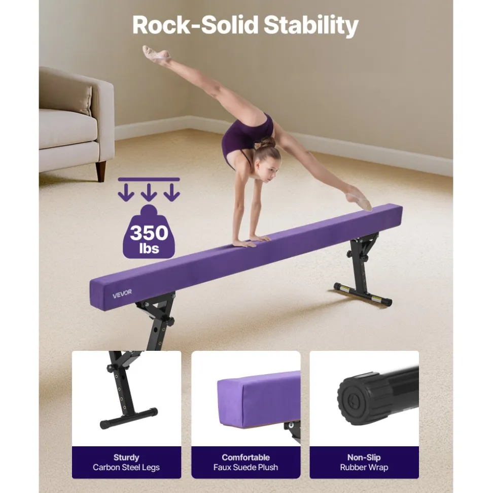 VEVOR Adjustable Balane Beam for Kids, 8FT Gymnastics Beam, High and Low Floor Beams of 5 Adjustable Heights for All Gymnastic Levels, Professional Gymnastic Equipment for Home and Gym Center, Purple