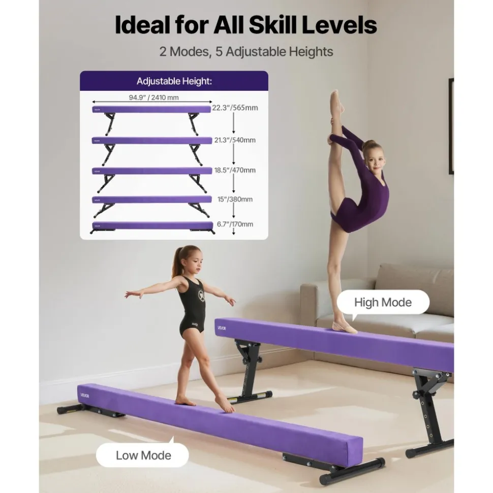 VEVOR Adjustable Balane Beam for Kids, 8FT Gymnastics Beam, High and Low Floor Beams of 5 Adjustable Heights for All Gymnastic Levels, Professional Gymnastic Equipment for Home and Gym Center, Purple
