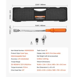 VEVOR Adjustable Click Torque Wrench, 1/2 Inch Drive, 20-160 lbf-ft/27.1-216.8 N.m, Dual-direction and Dual Range Scales, 72-Tooth, ±2% Precision, with Adapter Interchangeable Jaw and Ratchet Head