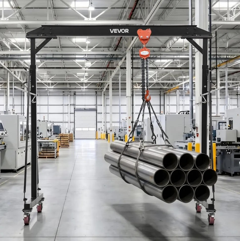 VEVOR Adjustable Gantry Crane, 2200 lbs Capacity, Portable Shop Lift Hoist with 95.7-142.9 in Height Adjustable, Manual Trolley, Hoist, Sling, Shackles, Hooks, for Garage Factory Warehouse Auto Repair
