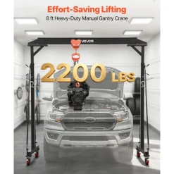 VEVOR Adjustable Gantry Crane, 2200 lbs Capacity, Portable Shop Lift Hoist with 95.7-142.9 in Height Adjustable, Manual Trolley, Hoist, Sling, Shackles, Hooks, for Garage Factory Warehouse Auto Repair