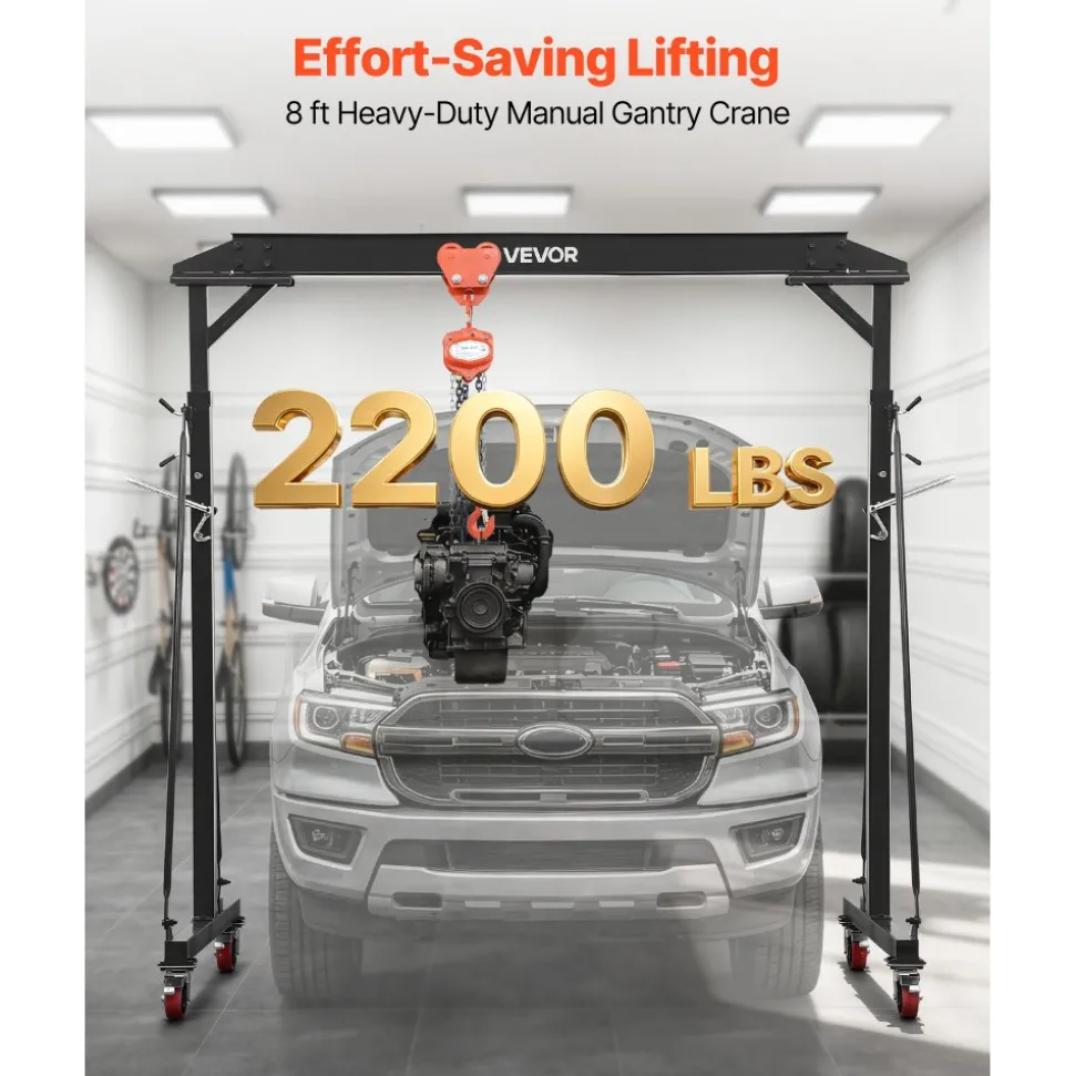 VEVOR Adjustable Gantry Crane, 2200 lbs Capacity, Portable Shop Lift Hoist with 95.7-142.9 in Height Adjustable, Manual Trolley, Hoist, Sling, Shackles, Hooks, for Garage Factory Warehouse Auto Repair