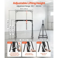 VEVOR Adjustable Gantry Crane, 2200 lbs Capacity, Portable Shop Lift Hoist with 95.7-142.9 in Height Adjustable, Manual Trolley, Hoist, Sling, Shackles, Hooks, for Garage Factory Warehouse Auto Repair