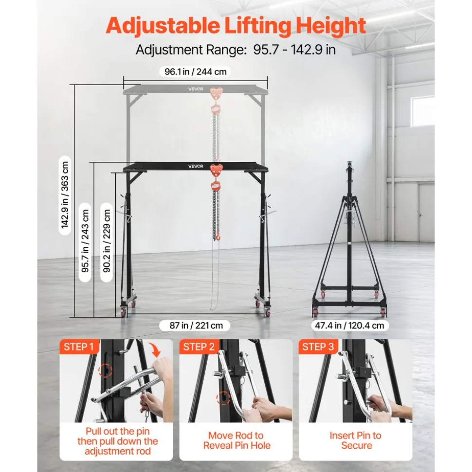 VEVOR Adjustable Gantry Crane, 2200 lbs Capacity, Portable Shop Lift Hoist with 95.7-142.9 in Height Adjustable, Manual Trolley, Hoist, Sling, Shackles, Hooks, for Garage Factory Warehouse Auto Repair