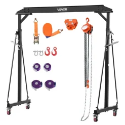 VEVOR Adjustable Gantry Crane, 2200 lbs Capacity, Portable Shop Lift Hoist with 95.7-142.9 in Height Adjustable, Manual Trolley, Hoist, Sling, Shackles, Hooks, for Garage Factory Warehouse Auto Repair