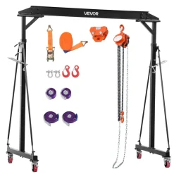 VEVOR Adjustable Gantry Crane, 2200 lbs Capacity, Portable Shop Lift Hoist with 95.7-142.9 in Height Adjustable, Manual Trolley, Hoist, Sling, Shackles, Hooks, for Garage Factory Warehouse Auto Repair
