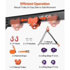 VEVOR Adjustable Gantry Crane, 2200 lbs Capacity, Portable Shop Lift Hoist with 95.7-142.9 in Height Adjustable, Manual Trolley, Hoist, Sling, Shackles, Hooks, for Garage Factory Warehouse Auto Repair