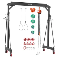 VEVOR Adjustable Gantry Crane, 4400 lbs Capacity, Portable Shop Lift Hoist with 99.6-146.9 in Height Adjustable, Manual Trolley, Hoist, Sling, Shackles, Hooks, for Garage Factory Warehouse Auto Repair