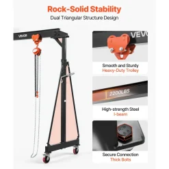 VEVOR Adjustable Gantry Crane, 4400 lbs Capacity, Portable Shop Lift Hoist with 99.6-146.9 in Height Adjustable, Manual Trolley, Hoist, Sling, Shackles, Hooks, for Garage Factory Warehouse Auto Repair