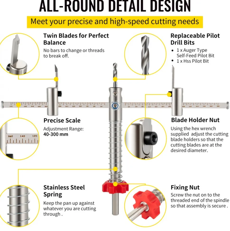 VEVOR Adjustable Hole Saw Cutter Kit, 1-5/8" to 11-13 /16" (40-300 mm), Recessed Hole Saw with PC Dust Shield, Two Replaceable Pilot Drill Bits, for Recessed Lights, Ceiling Speakers, Vent Holes