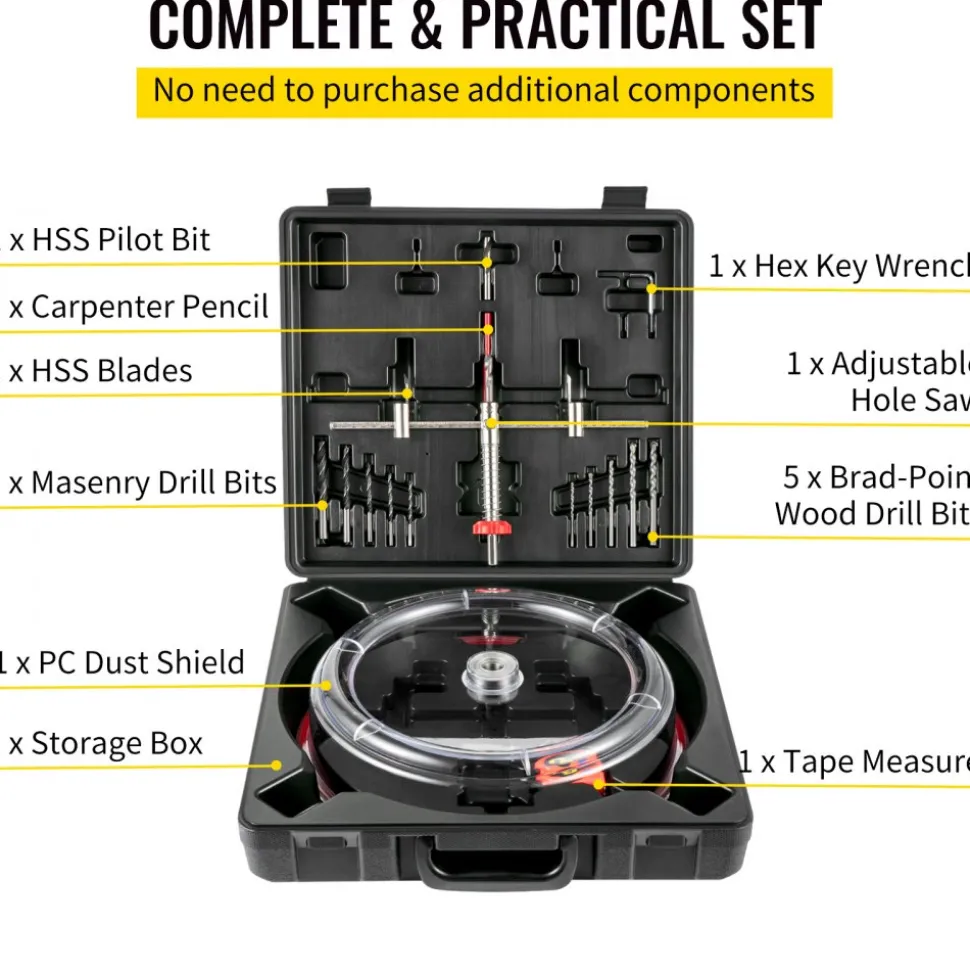 VEVOR Adjustable Hole Saw Cutter Kit, 1-5/8" to 11-13 /16" (40-300 mm), Recessed Hole Saw with PC Dust Shield, Two Replaceable Pilot Drill Bits, for Recessed Lights, Ceiling Speakers, Vent Holes