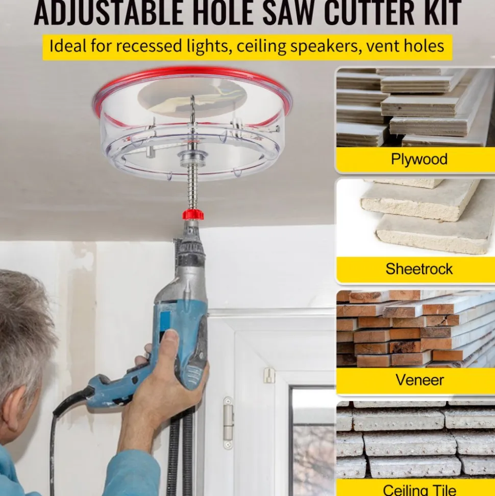 VEVOR Adjustable Hole Saw Cutter Kit, 1-5/8" to 11-13 /16" (40-300 mm), Recessed Hole Saw with PC Dust Shield, Two Replaceable Pilot Drill Bits, for Recessed Lights, Ceiling Speakers, Vent Holes