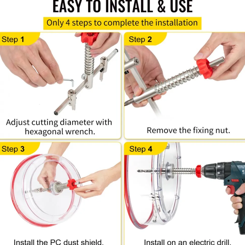 VEVOR Adjustable Hole Saw Cutter Kit, 1-5/8" to 11-13 /16" (40-300 mm), Recessed Hole Saw with PC Dust Shield, Two Replaceable Pilot Drill Bits, for Recessed Lights, Ceiling Speakers, Vent Holes