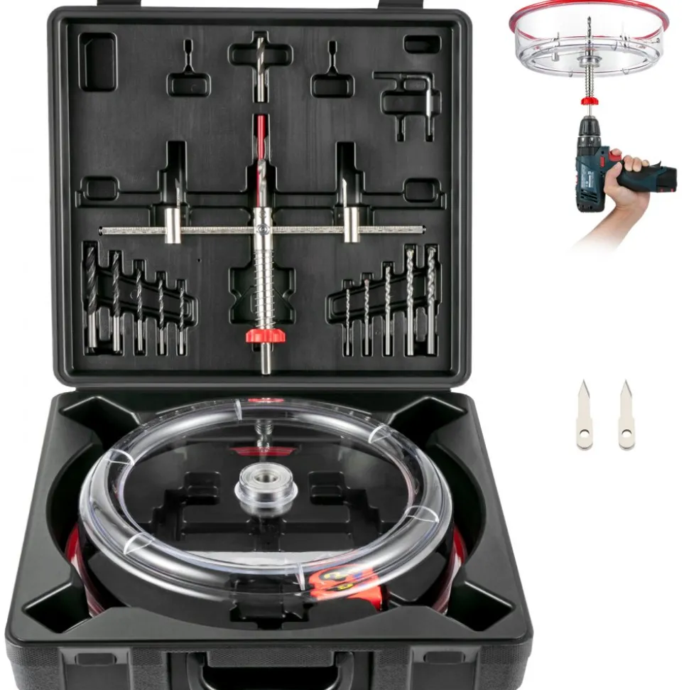 VEVOR Adjustable Hole Saw Cutter Kit, 1-5/8" to 8" (40-200 mm), Two Replaceable Pilot Drill Bits, Twin Blade Recessed Hole Saw with PC Dust Shield, for Recessed Lights, Ceiling Speakers, Vent Holes