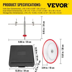 VEVOR Adjustable Hole Saw Cutter Kit, 1-5/8" to 8" (40-200 mm), Two Replaceable Pilot Drill Bits, Twin Blade Recessed Hole Saw with PC Dust Shield, for Recessed Lights, Ceiling Speakers, Vent Holes