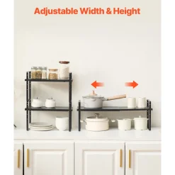 VEVOR Adjustable Kitchen Cabinet Shelf Organizer, Expandable 2 Tier Cabinet Shelf, Stackable Countertop Organizers and Storage Shelf Risers, Pantry Organizers for Kitchen Bathroom Office, Black