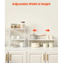 VEVOR Adjustable Kitchen Cabinet Shelf Organizer, Expandable 2 Tier Cabinet Shelf, Stackable Countertop Organizers and Storage Shelf Risers, Pantry Organizers for Kitchen Bathroom Office, White