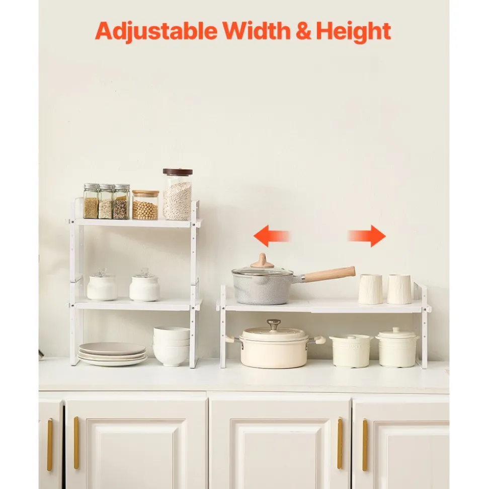 VEVOR Adjustable Kitchen Cabinet Shelf Organizer, Expandable 2 Tier Cabinet Shelf, Stackable Countertop Organizers and Storage Shelf Risers, Pantry Organizers for Kitchen Bathroom Office, White