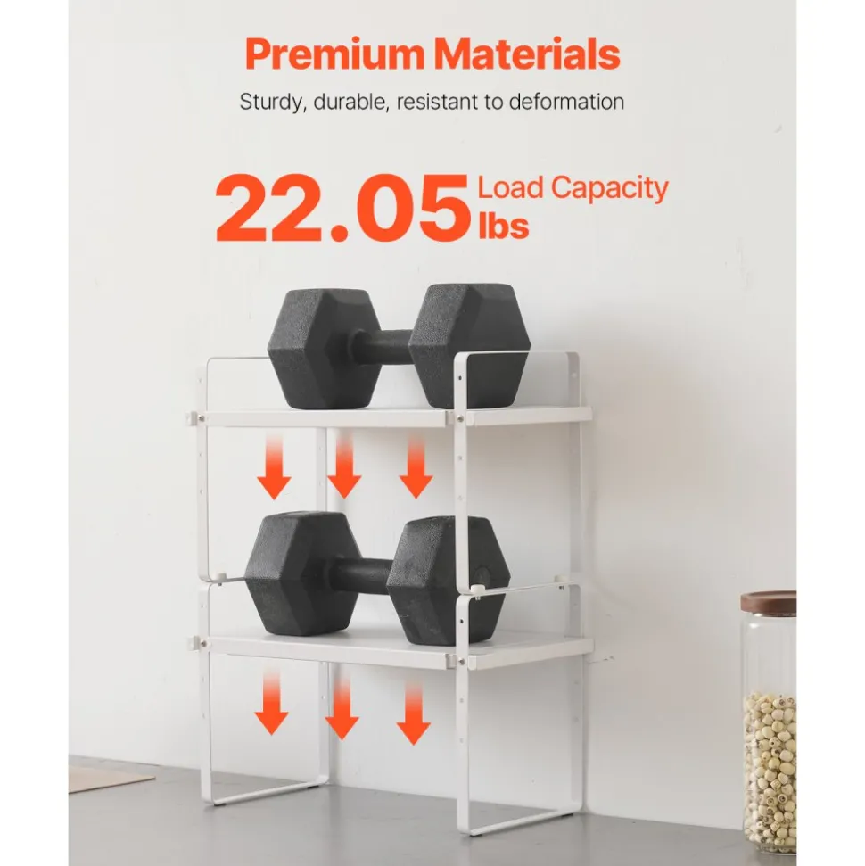 VEVOR Adjustable Kitchen Cabinet Shelf Organizer, Expandable 2 Tier Cabinet Shelf, Stackable Countertop Organizers and Storage Shelf Risers, Pantry Organizers for Kitchen Bathroom Office, White