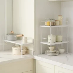 VEVOR Adjustable Kitchen Cabinet Shelf Organizer, Expandable 2 Tier Cabinet Shelf, Stackable Countertop Organizers and Storage Shelf Risers, Pantry Organizers for Kitchen Bathroom Office, White
