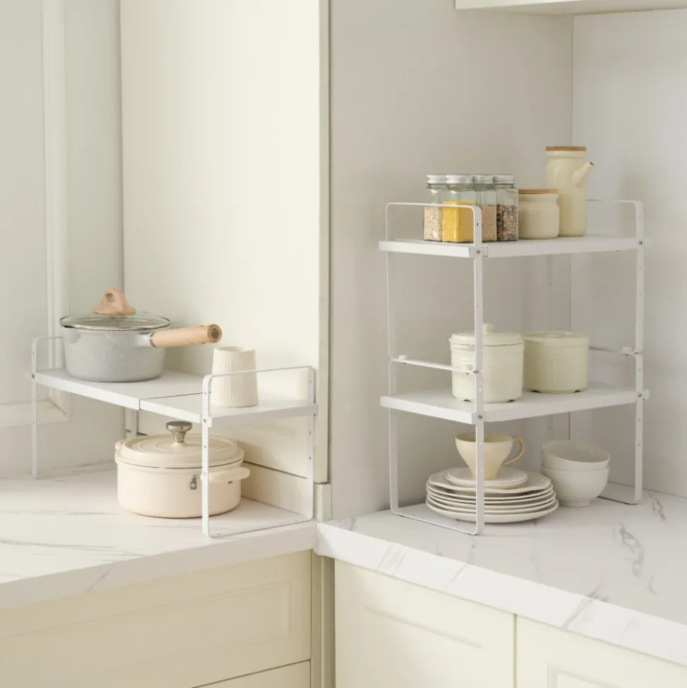 VEVOR Adjustable Kitchen Cabinet Shelf Organizer, Expandable 2 Tier Cabinet Shelf, Stackable Countertop Organizers and Storage Shelf Risers, Pantry Organizers for Kitchen Bathroom Office, White