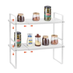 VEVOR Adjustable Kitchen Cabinet Shelf Organizer, Expandable 2 Tier Cabinet Shelf, Stackable Countertop Organizers and Storage Shelf Risers, Pantry Organizers for Kitchen Bathroom Office, White