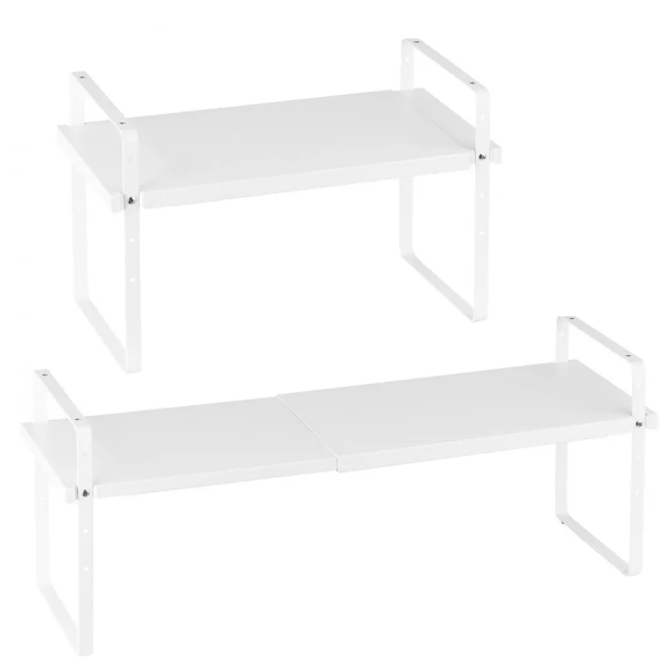 VEVOR Adjustable Kitchen Cabinet Shelf Organizer, Expandable 2 Tier Cabinet Shelf, Stackable Countertop Organizers and Storage Shelf Risers, Pantry Organizers for Kitchen Bathroom Office, White