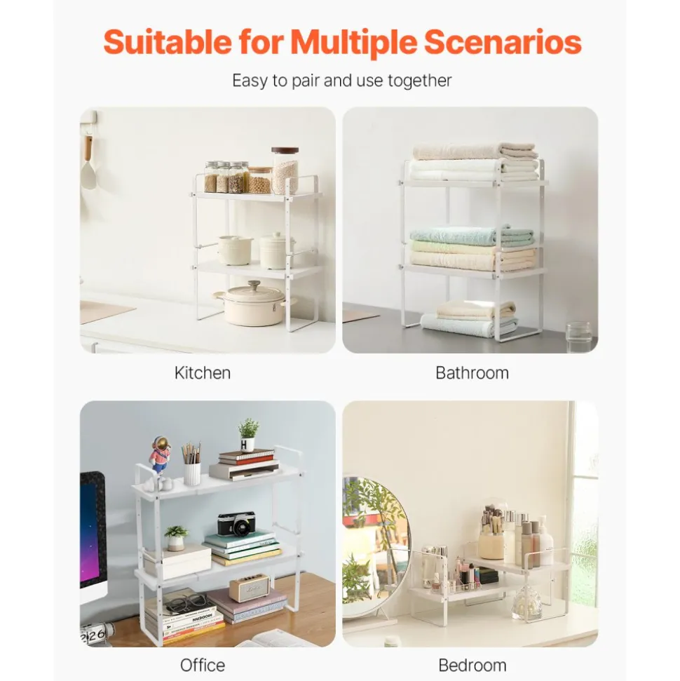 VEVOR Adjustable Kitchen Cabinet Shelf Organizer, Expandable 2 Tier Cabinet Shelf, Stackable Countertop Organizers and Storage Shelf Risers, Pantry Organizers for Kitchen Bathroom Office, White